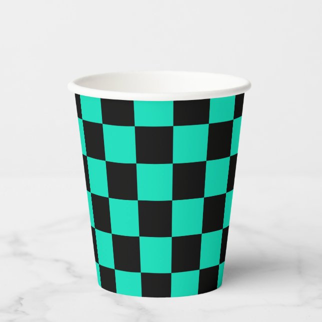 Green Black Chequered Check Pattern Paper Cups (Front)