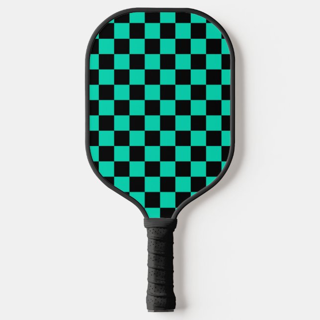 Green Black Chequered Check Pattern Pickleball Paddle (Front)
