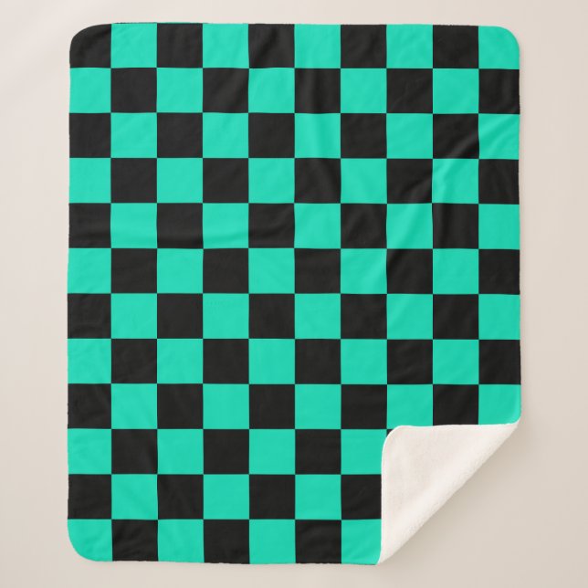 Green Black Chequered Check Pattern Sherpa Blanket (Front)
