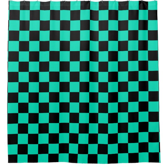 Green Black Chequered Check Pattern Shower Curtain (Front)