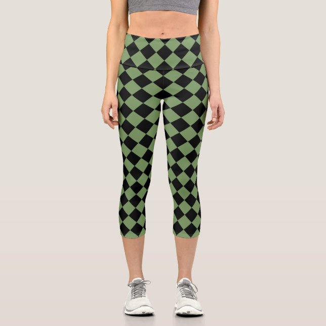Green Black Chequered Diamond Pattern  Capri Leggings (Front)