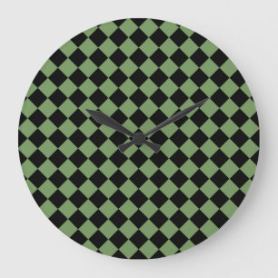 Green Black Chequered Diamond Pattern Large Clock
