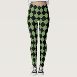 Green Black Chequered Diamond Pattern  Leggings