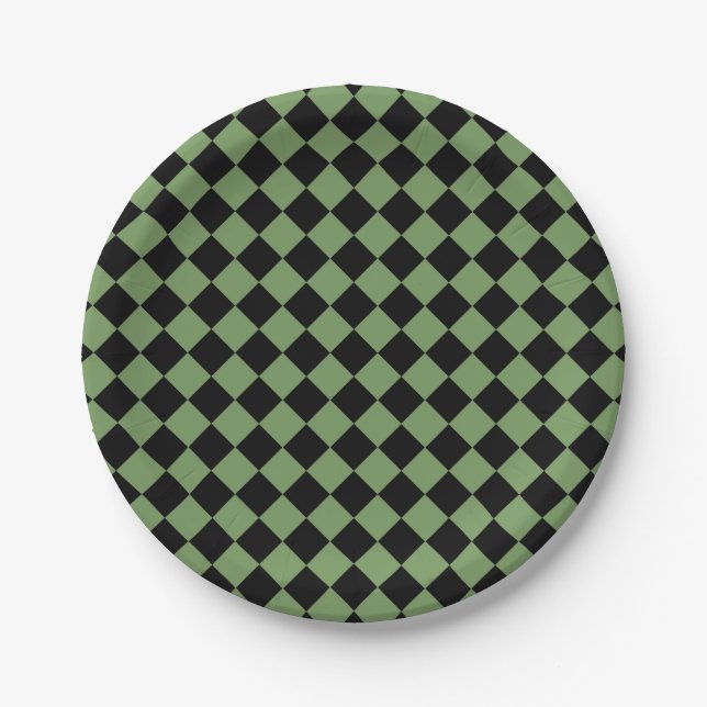 Green Black Chequered Diamond Pattern Paper Plate (Front)