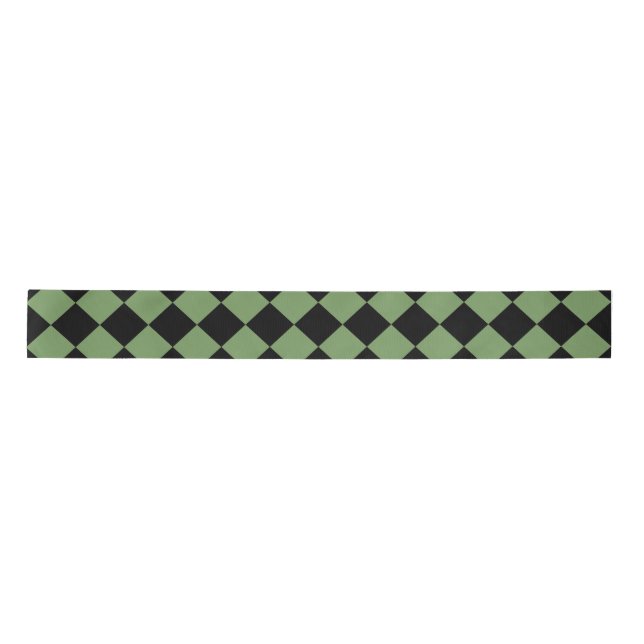 Green Black Chequered Diamond Pattern Satin Ribbon (Front)
