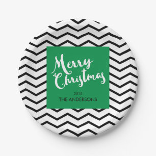 Green, Black Chevron, Merry Christmas Personalised Paper Plate
