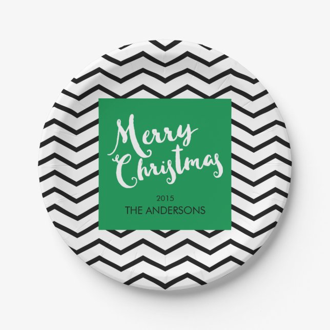 Green, Black Chevron, Merry Christmas Personalised Paper Plate (Front)