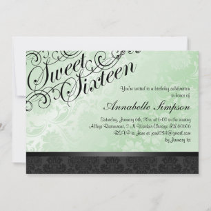 Green & Black Chic Floral Damask Sweet16 Invite