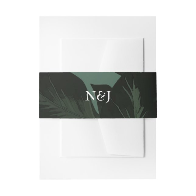 Green & Black Chic Tropical Leaves Wedding Invitation Belly Band (Front Example)