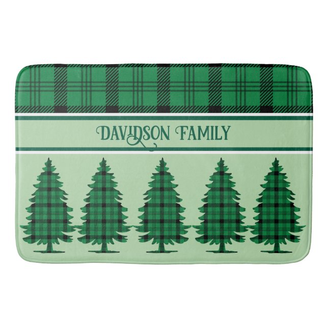 Green Black Cosy Tartan Pine Trees Bath Mat (Front)