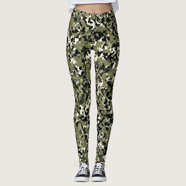 Green Black Cream Camouflage Pattern Print Leggings (Front)