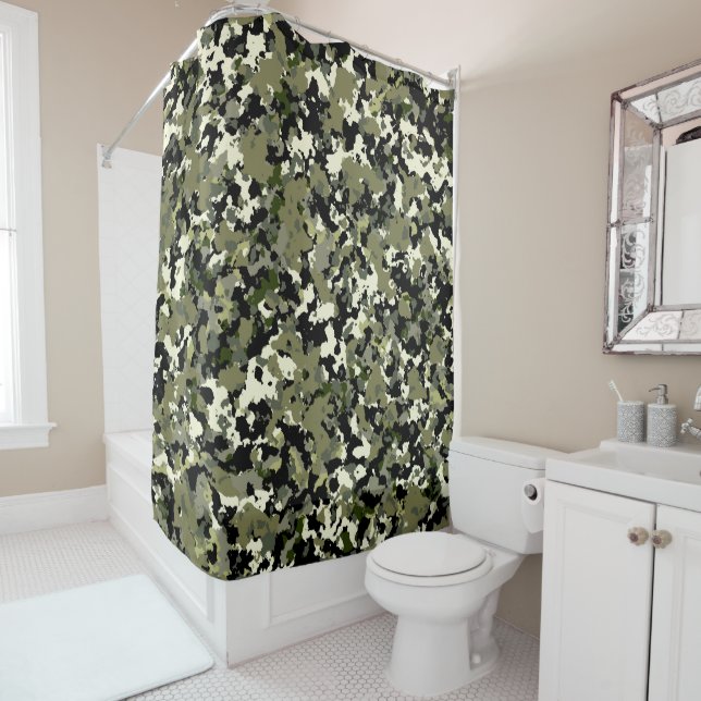 Green Black Cream Camouflage Pattern Print Shower Curtain (In Situ)