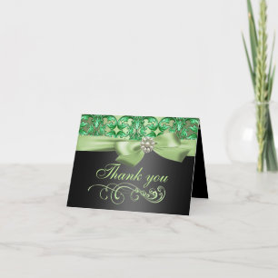 Green/Black Damask & Bow Thank You Card