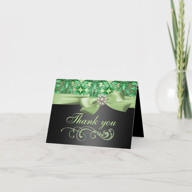 Green/Black Damask & Bow Thank You Card (Front)