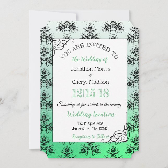 Green Black Damask Classy Wedding invitations (Front)