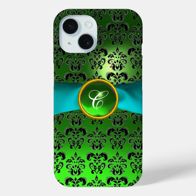 GREEN BLACK DAMASK GEM MONOGRAM Aqua Blue Ribbon Case-Mate iPhone Case (Back)