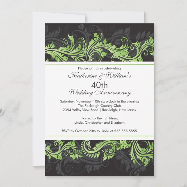 Green Black Damask Swirl Anniversary Invitation (Front)