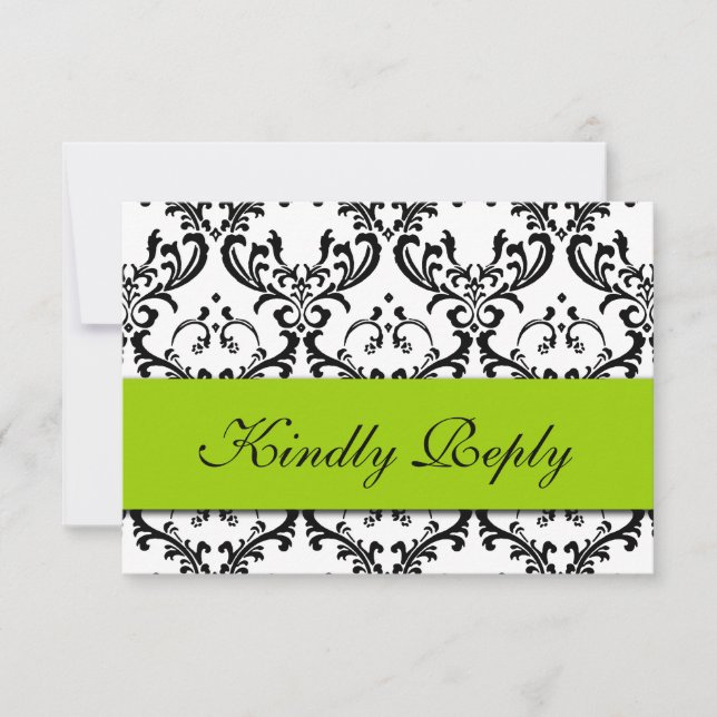 Green Black Damask Wedding RSVP (Front)
