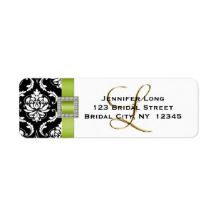 Green Black Damask Wedding RSVP Address Label