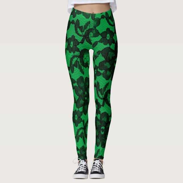 Green & Black Elegant Faux Lace Spandex Leggings (Front)