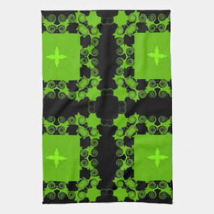 Green, Black Floral Swirl Fine Art Tea Towel