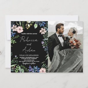 Green Black Floral Wedding Invitations with photo