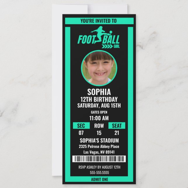 Green Black Football Ticket Birthday Photo Invitation (Front)