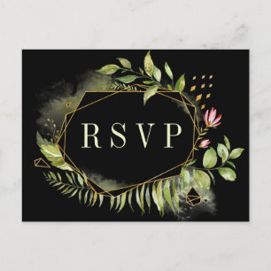 Green Black Geometric Floral Wreath Wedding RSVP Invitation Postcard