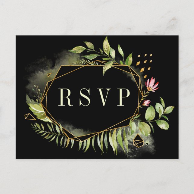 Green Black Geometric Floral Wreath Wedding RSVP Invitation Postcard (Front)