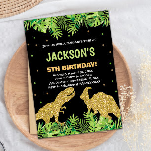 Green Black Glitter Dinosaur Birthday Invitations