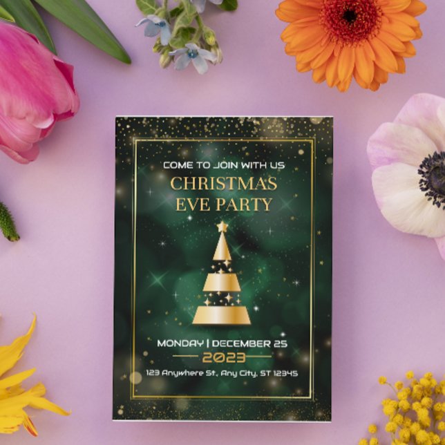 Green Black Gold Modern Christmas Eve Party Holiday Card (Creator Uploaded)