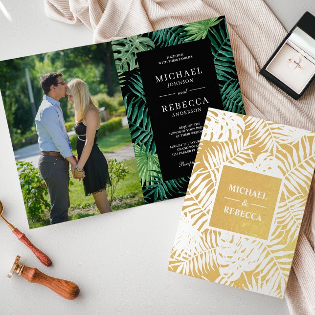 Green Black Gold Palm Leaves Wedding Invitation (Creator Uploaded)