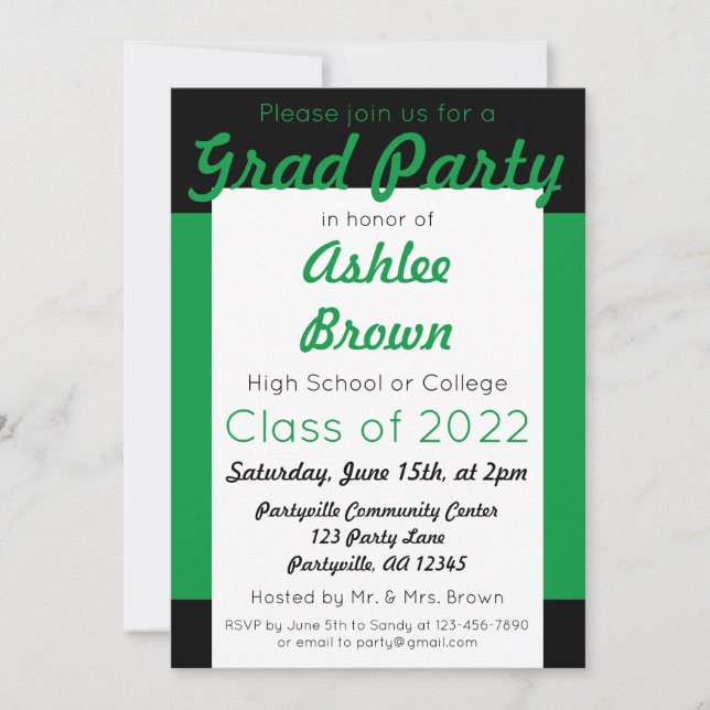 Green Black Grad Party Bold Graduation Invitation (Front)