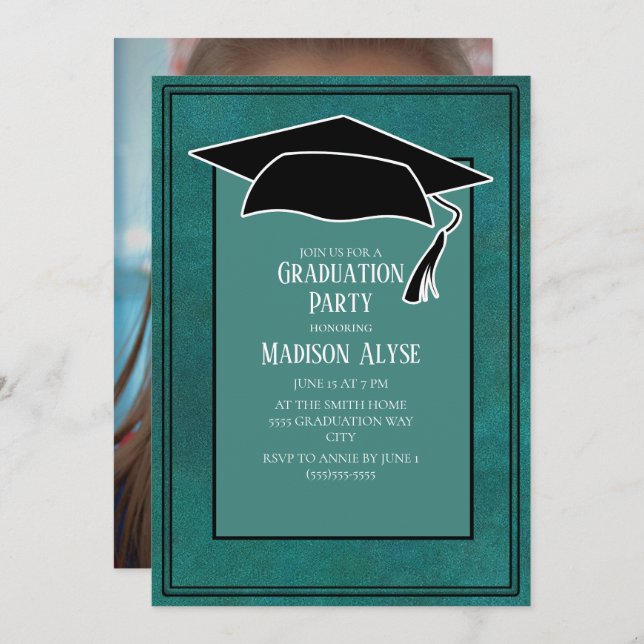 Green Black Graduation Cap Party Photo Invitation (Front/Back)