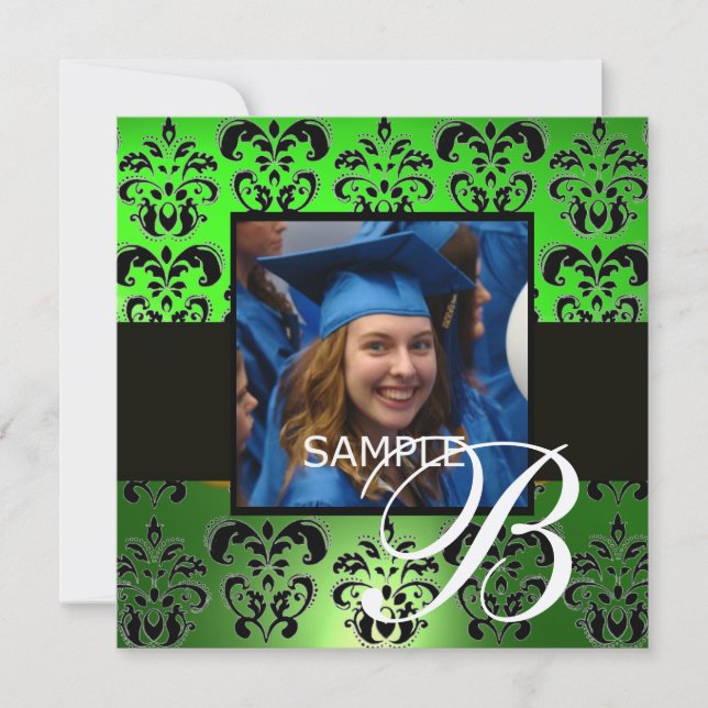GREEN BLACK GRADUATION DAMASK  MONOGRAM champagne Invitation (Front)