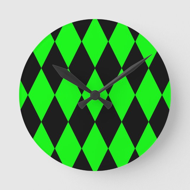 Green Black Harlequin Diamonds Checkers Design  Round Clock (Front)