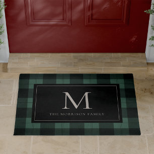 Green & Black Holiday Plaid Monogram & Name Doormat