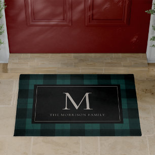 Green & Black Holiday Plaid Monogram & Name Doormat