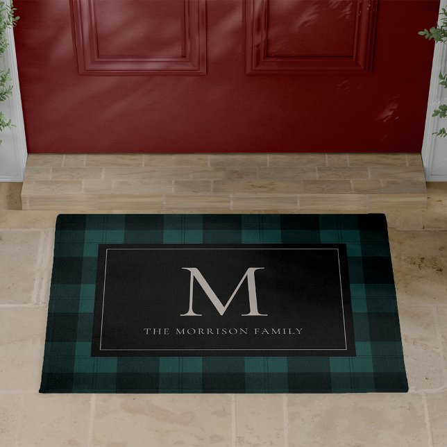 Green & Black Holiday Plaid Monogram & Name Doormat (Creator Uploaded)