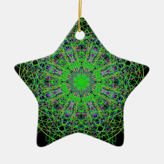 Green Black Kaleidoscope Mandala Art Ceramic Tree Decoration (Front)