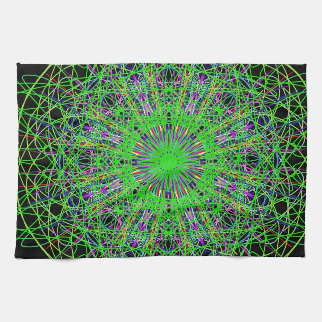 Green Black Kaleidoscope Mandala Art Tea Towel (Horizontal)