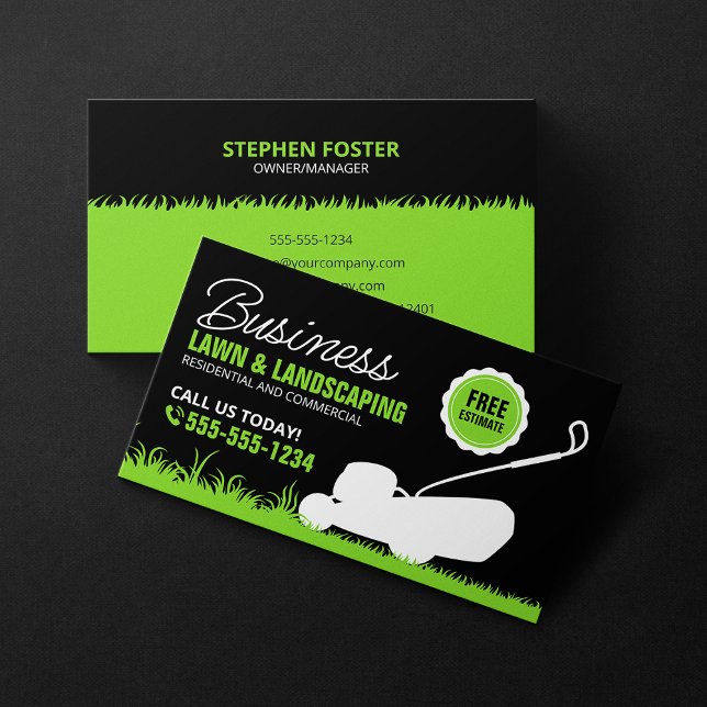 Green Black Lawn Landscaping Service Lawncare Mow Business Card (Creator Uploaded)