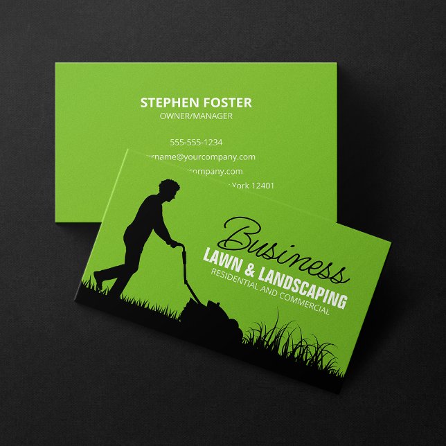 Green Black Lawncare Landscaping Lawn Mowing Business Card (Creator Uploaded)