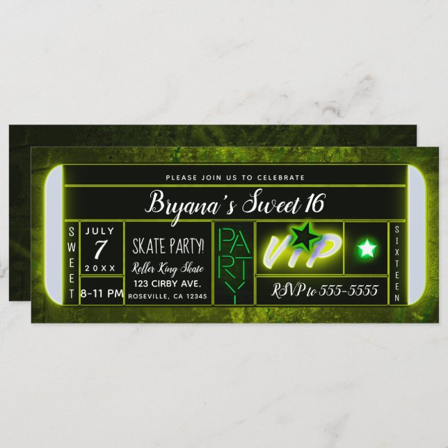 Green & Black Light Glow Birthday Party Ticket Invitation (Front/Back)