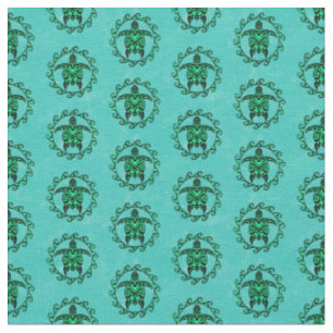 Green Black Maori Sun Symbol Tribal Turtles Fabric