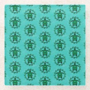 Green Black Maori Sun Symbol Tribal Turtles Glass Coaster