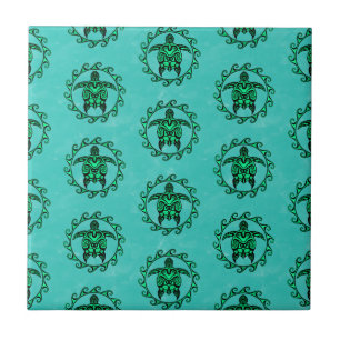 Green Black Maori Sun Symbol Tribal Turtles Tile