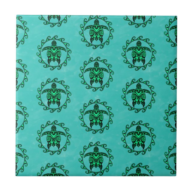 Green Black Maori Sun Symbol Tribal Turtles Tile (Front)