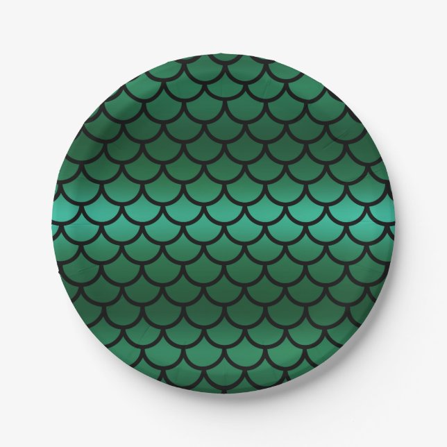 Green & Black Mermaid Scales Fantasy Fish Paper Plate (Front)
