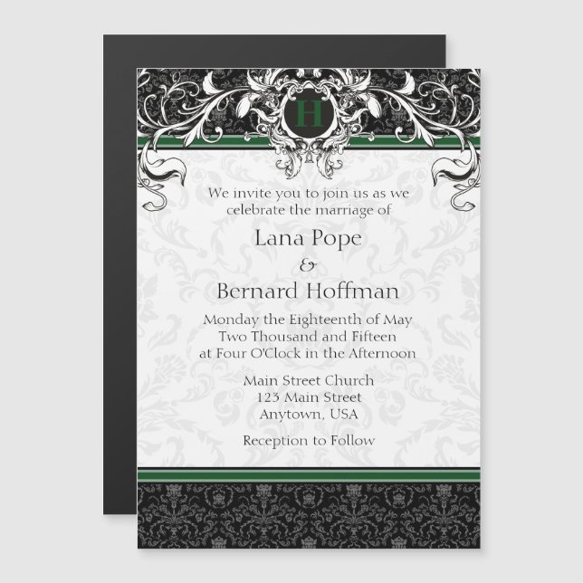 Green Black Monogram Magnetic Wedding Invitation (Front/Back)